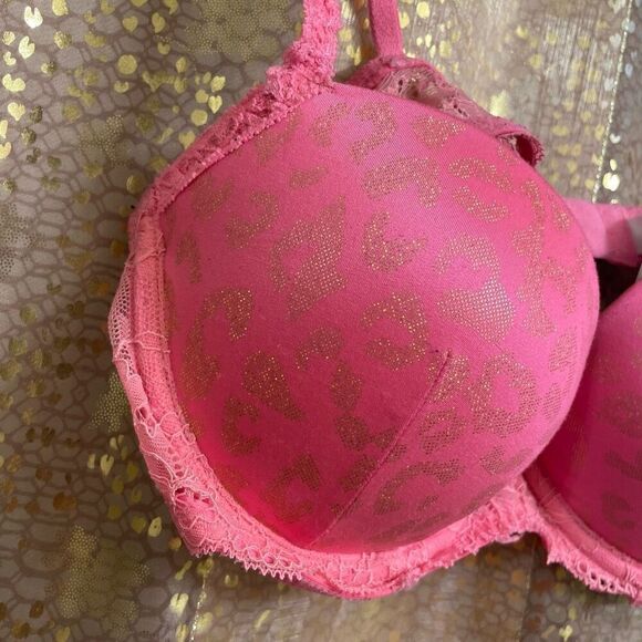 Vintage Y2K PINK Victorias Secret Hot Pink Metallic Cheetah Flirt Push Up Bra 34 - Picture 4 of 9